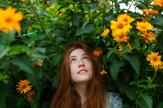 Red hair and freckles look up at summer foliage outdoors