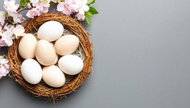 Happy Easter concept with easter eggs in nest and spring flowers 