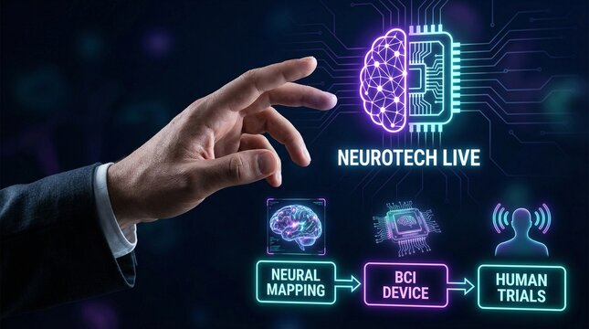 A futuristic illustration of a hand interacting with a brain-computer interface for neurotechnology research and development.