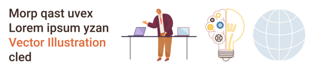 Obraz premium Innovation, global communication, business strategy, teamwork, technology, creativity. A professional working at a desk with laptops, a glowing lightbulb with gears and a globe. Innovation