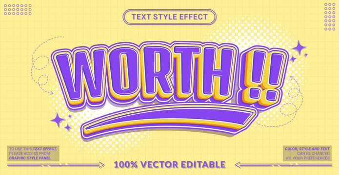 Editable text effect vector &ldquo;Worth&rdquo; features bold playful 3D lettering with vibrant purple and yellow tones, creating a fun, energetic, and eye-catching retro-pop style.