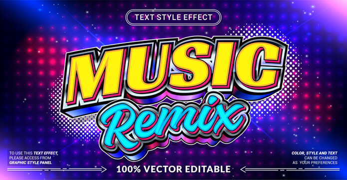 Editable text effect vector &ldquo;Music Remix&rdquo; features bold 3D lettering with dynamic neon vibes, inspired by DJ culture, sound waves, and energetic club music visuals.