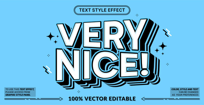 Editable text effect vector &ldquo;Very Nice&rdquo; features bold 3D lettering with solid shadow, dominated by black and blue tones, creating a strong, cool, and modern visual impact.