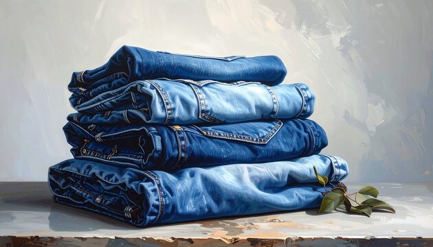 A stack of folded blue jeans on a rustic surface with a leaf