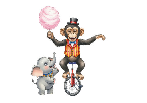 detailed whimsical watercolor of a smiling chimpanzee in a vest on a unicycle holding cotton candy, watched by a baby elephant in a circus collar, intricate popcorn border on white. concept of