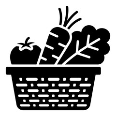 Vegetable basket icon, symbolizing fresh produce and organic farming. Solid glyph vector for food, agriculture, and healthy lifestyle concept.