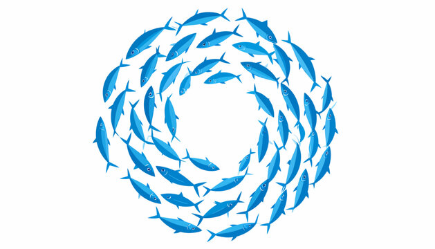 Dynamic school of vibrant blue fish creating a mesmerizing swirling vortex, symbolizing unity, collaboration, and synchronized movement in a powerful collective