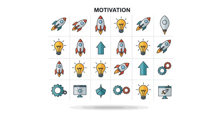 Fototapeta premium Business motivation icons: rockets, lightbulbs, gears, and upward arrows.