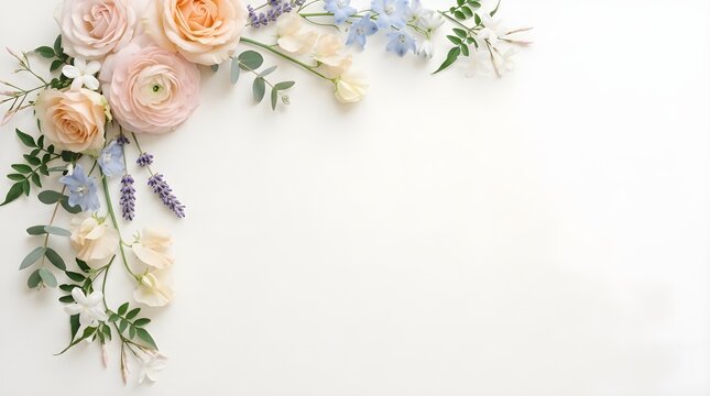 Pastel floral border frame with copy space on light background