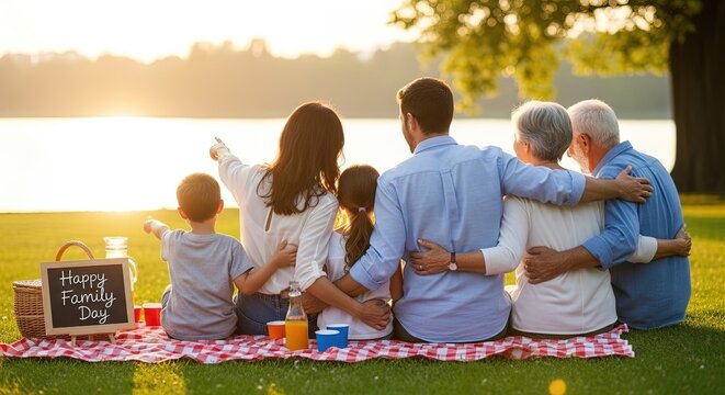 Multi-generational Happy Family Day Celebration with Grandparents Parents and Children Enjoying Picnic by Lake at Sunset