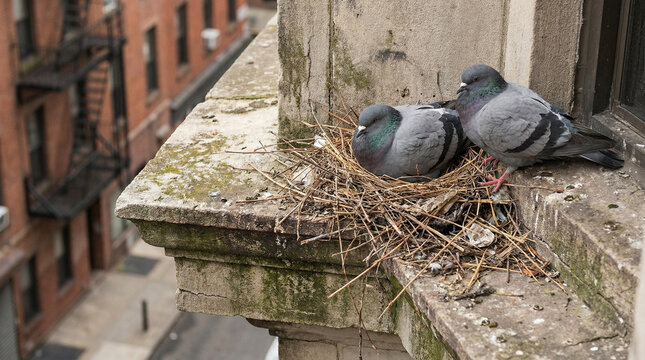 Pigeons nesting on a ledge in urban environment with buildings nearby  