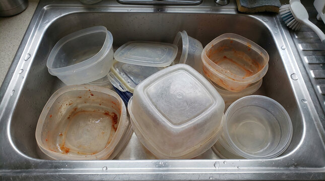 Plastic containers piled in kitchen sink with leftover food remnants  