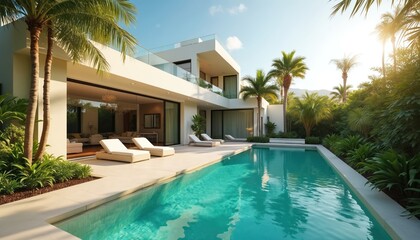 Obraz premium Luxury modern villa with swimming pool and palm trees. Elegant home features pristine pool inviting opulence and tranquility. Backyard oasis relax vacation leisure.