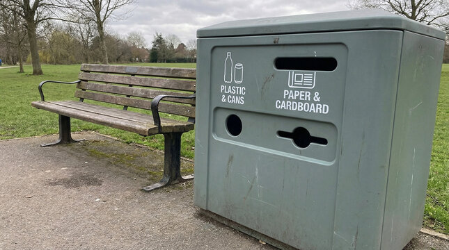 Recycling bin for plastic and cardboard near park bench  
