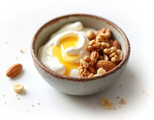 Fototapeta premium White greek yogurt in bowl with honey drizzle and mixed nuts. Creamy dairy snack with walnuts almonds and macadamia. Healthy breakfast food with sweet natural topping.