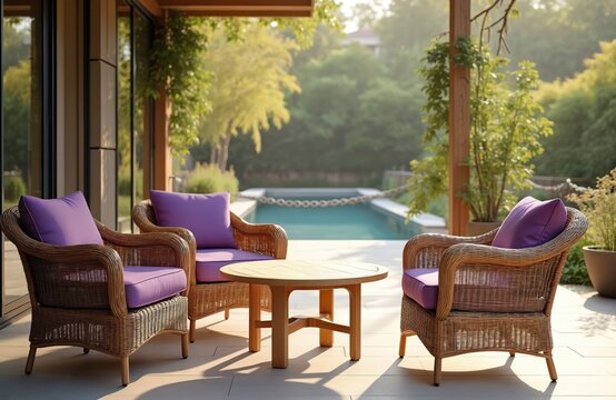 Wicker chairs with purple cushions surround wooden table on sunny patio. Swimming pool, rich green trees form serene backdrop. Relaxing outdoor seating area offers comfort, style for leisure