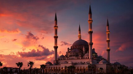 Fototapeta premium Mosque stands beautifully against the sunset sky.