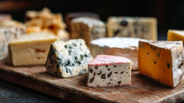 Many cheeses sit on a board, showing off their different feels, shades, and kinds, great for trying or as a starter.