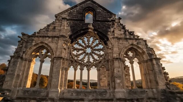 Majestic Gothic ruins of San Galgano Abbey in Tuscany featuring the iconic roofless nave and ancient stone bell tower under a dramatic sky in autumn during October in Italy.