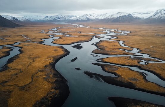 Aerial view of winding river delta in Iceland. Brown grassy plains meet blue water channels under snowy mountains. Vast wilderness landscape.