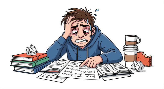 Stressed person studying math with books coffee and snacks illustration