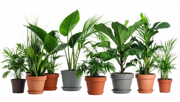 Green potted house plants isolated on white, set