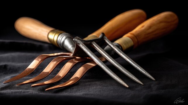 Vintage Garden Tools Close-Up with Copper Forks and Wooden Handles on Dark Fabric Background