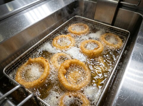 Deep frying onion rings in a professional kitchen, Crispy onion rings cooking in hot oil, Golden onion rings being deep fried in a metal basket