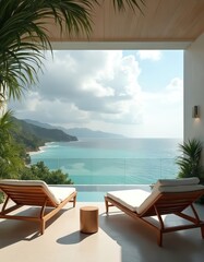 Fototapeta premium Two empty lounge chairs sit on balcony overlooking tranquil turquoise ocean and green hills. Palm leaves frame peaceful seaside view with clear blue sky above. Relaxing resort atmosphere invites calm.