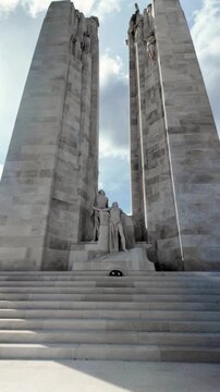 Visit of the Vimy Memorial, symbolizing the Canadian soldiers&rsquo; fight during the Battle of Arras to capture the Vimy Ridge. A visitor's perspective as they climb the stairs, in a vertical shot.