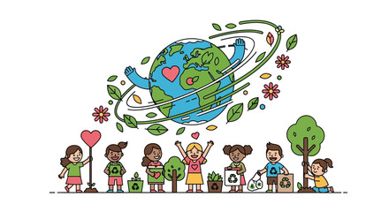 Naklejka premium Diverse children holding earth with leaves.