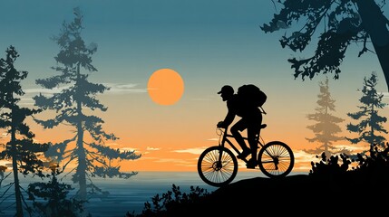 Obraz premium Cyclist rides a bike high up, near the sky, as the sun goes down during a camping trip.