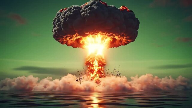 Massive atomic explosion mushroom cloud rising over ocean waters dramatic nuclear blast