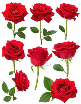 Red rose flowers isolated on white, set
