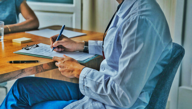 A practitioner in a white lab coat documents clinical details on a clipboard during a meeting. Such administrative tasks are vital for accurate patient tracking and maintaining medical standards.