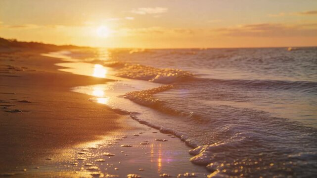Dipping sun casting long golden reflection across wet sand at beach, waves rolling, foaming
