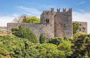 Fototapeta premium Remains of Norman Castle called Venus Castle in Erice, small town located on a mountain near Trapani city, Sicily Island in Italy