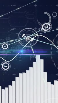 Vertical video: 3D bar chart rising with wavy line sweeping, linking cart node for sales analytics