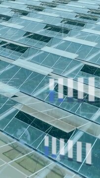 Vertical video: Greenhouse panels shifting with drone panning, overlay bars drifting revealing crop