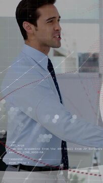 Vertical video: Man making eye contact reaching to greet business peer as red globe code overlaying