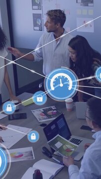 Vertical video: Team reviewing charts, member scrolling causing HUD locks,gauges for tech security