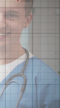 Vertical video: Doctor in scrubs standing camera lifting showing stethoscope, grid tracking vitals