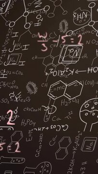 Vertical video: Camera panning up revealing chemistry mural, pink marks drifting showing formulas