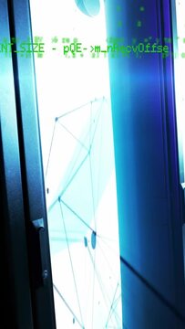 Vertical video: Glass door showing green code scrolling, fading as bright light causing grid reveal