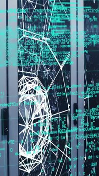 Vertical video: Fragments appearing on glass, forming wire meshes with teal code showing network