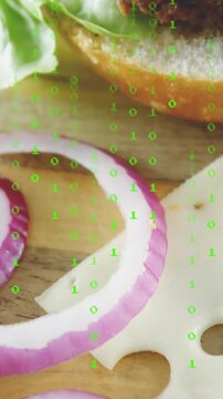 Vertical video: Camera shifting down causing binary overlay clearing, burger layers revealing color