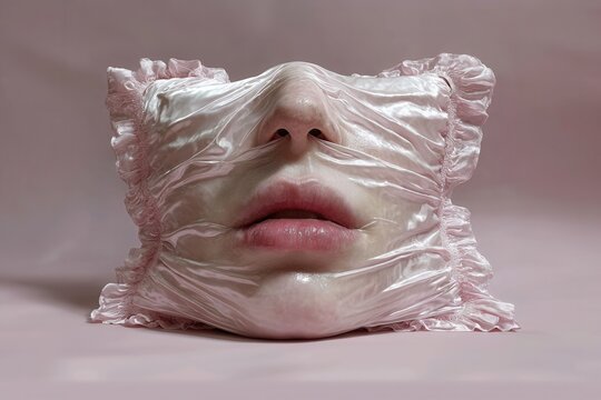 Conceptual surreal image of a human face tightly wrapped in transparent plastic emerging from smooth surface, symbolizing suffocation, isolation, identity, environmental issues, psychological tension