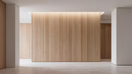 Fototapeta premium Minimalist Interior Featuring Vertical Wood Paneling and Soft Ambient Lighting