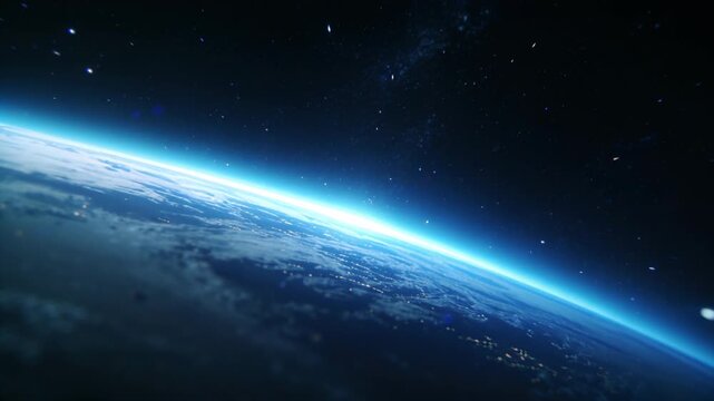 Panning camera revealing Earth in low Earth orbit, showing limb curvature, city lights, stars
