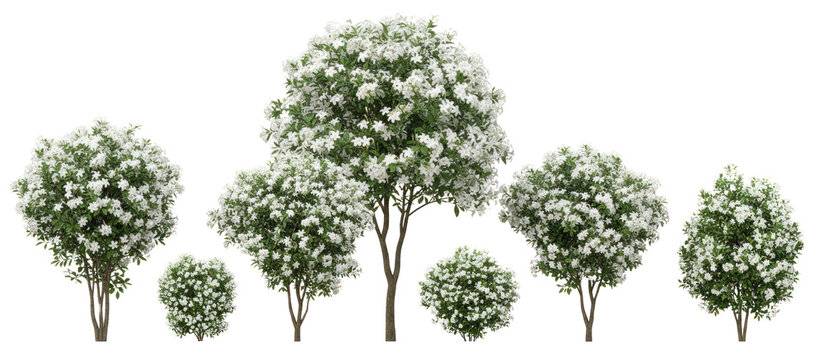 Blooming white crepe myrtle trees and shrubs, flowering lagerstroemia plants for landscape design, collection of garden greenery with white blossoms isolated PNG with Transparent Background
